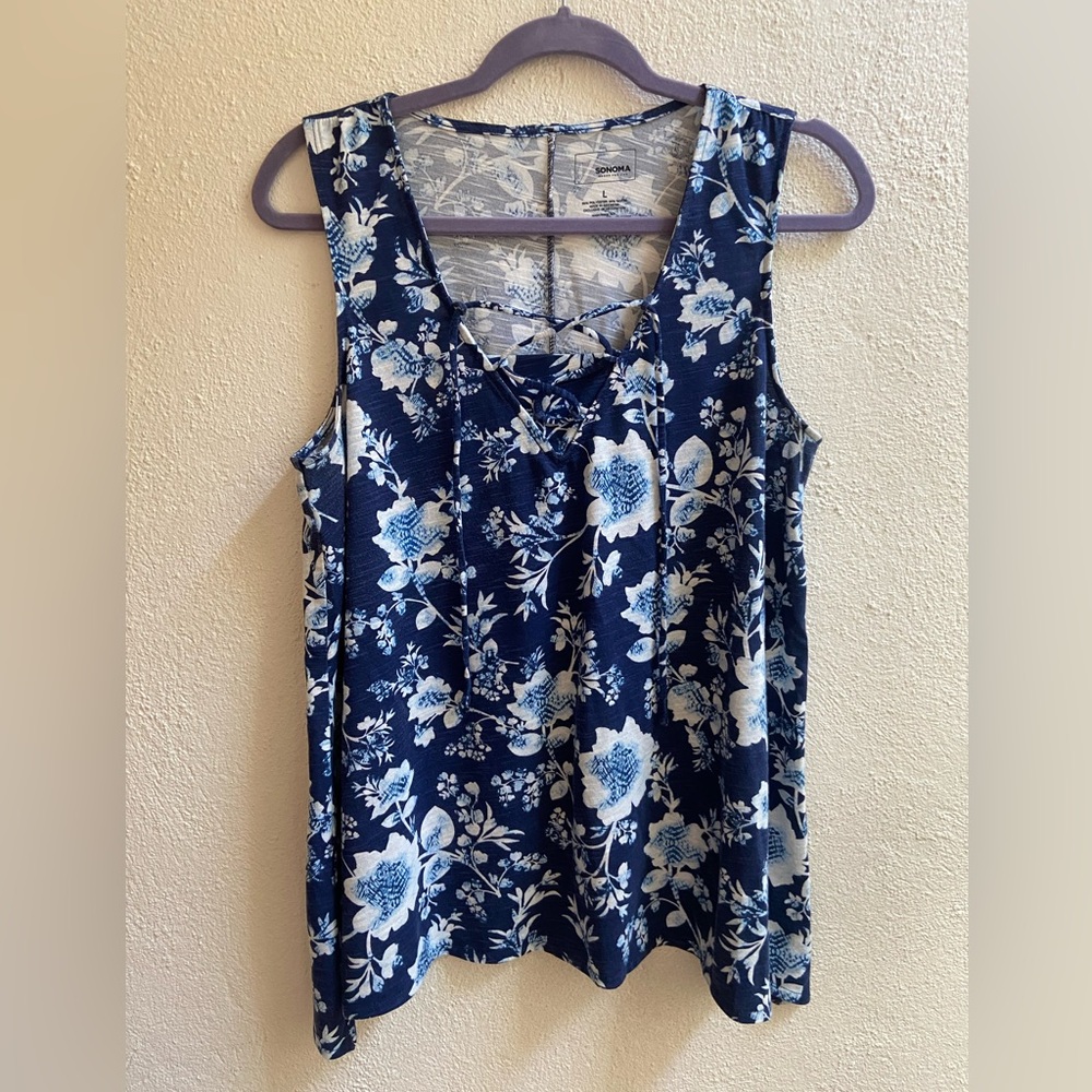 Sonoma Navy Floral Lace-Up Tank Top